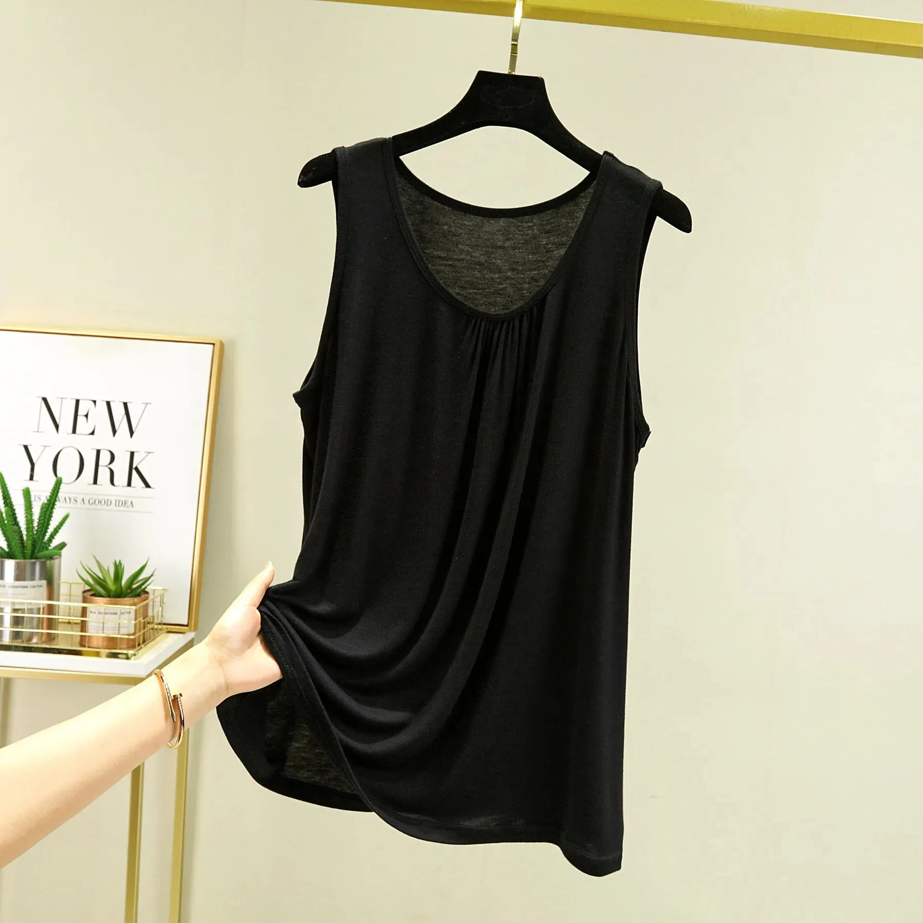 Summer Tank Tops Plus size O-neck Modal Pleated Camis wear inside Tee Tops sleeveless Casual Loose Top All match