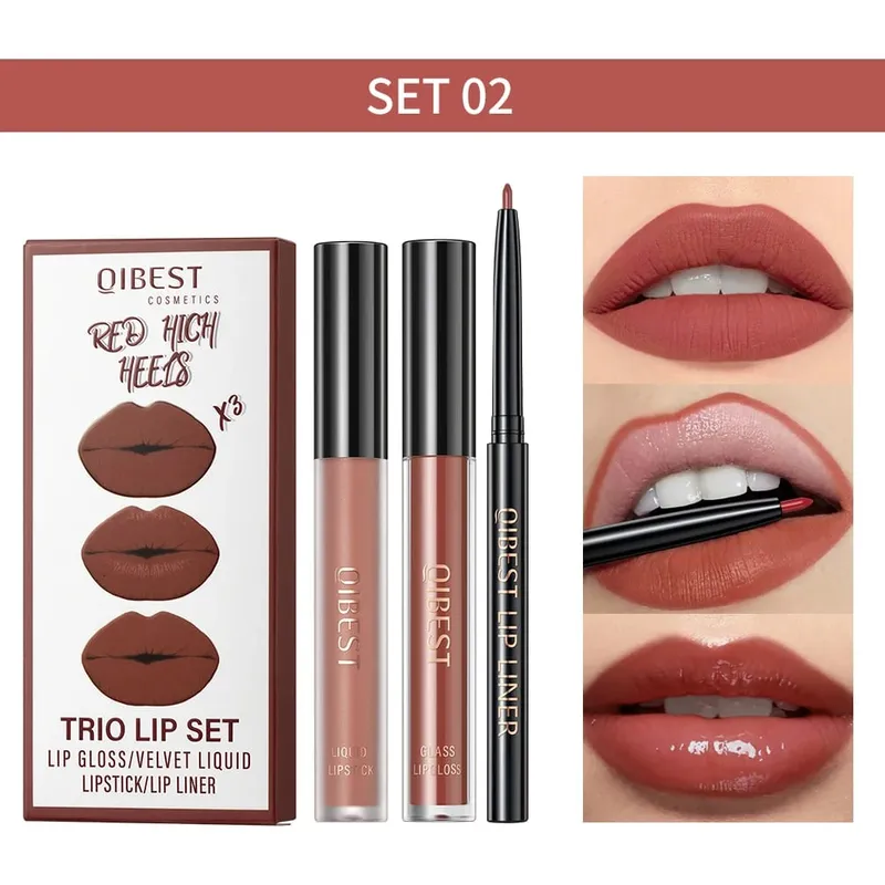 Matte Liquid Lipstick&Lip Liner&Lip Gloss 3Pcs Sets Long Lasting Non-stick Cup Red Black Purple Lip Tint Cosmetics Kits — image 8