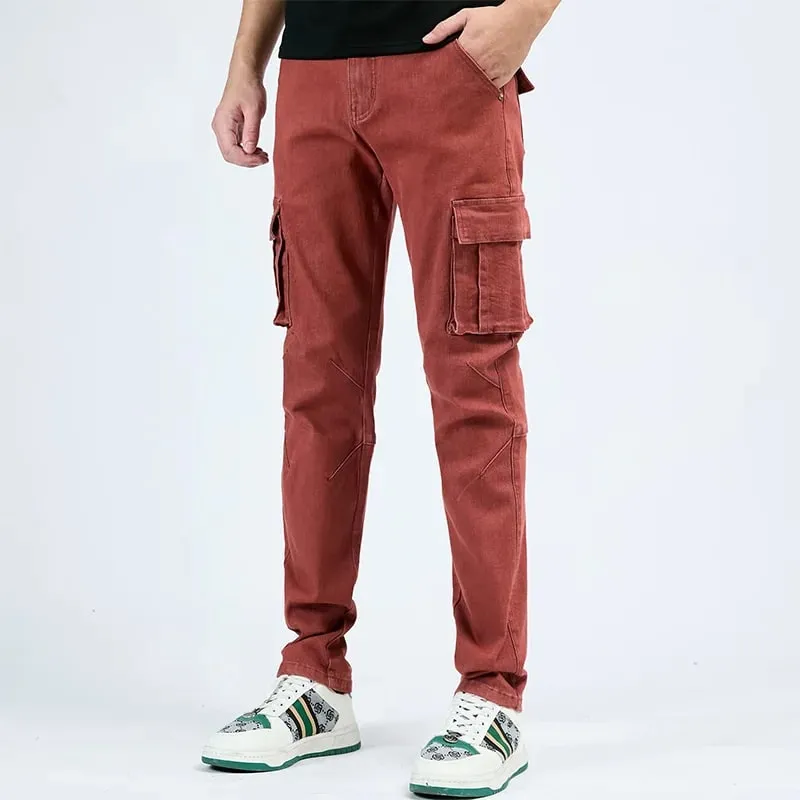 Men's Street Style Elastic Waist Denim Cargo Pants Solid Color Washed Slim Fit Casual Jeans with Multiple Pockets for Daily Wear — image 15