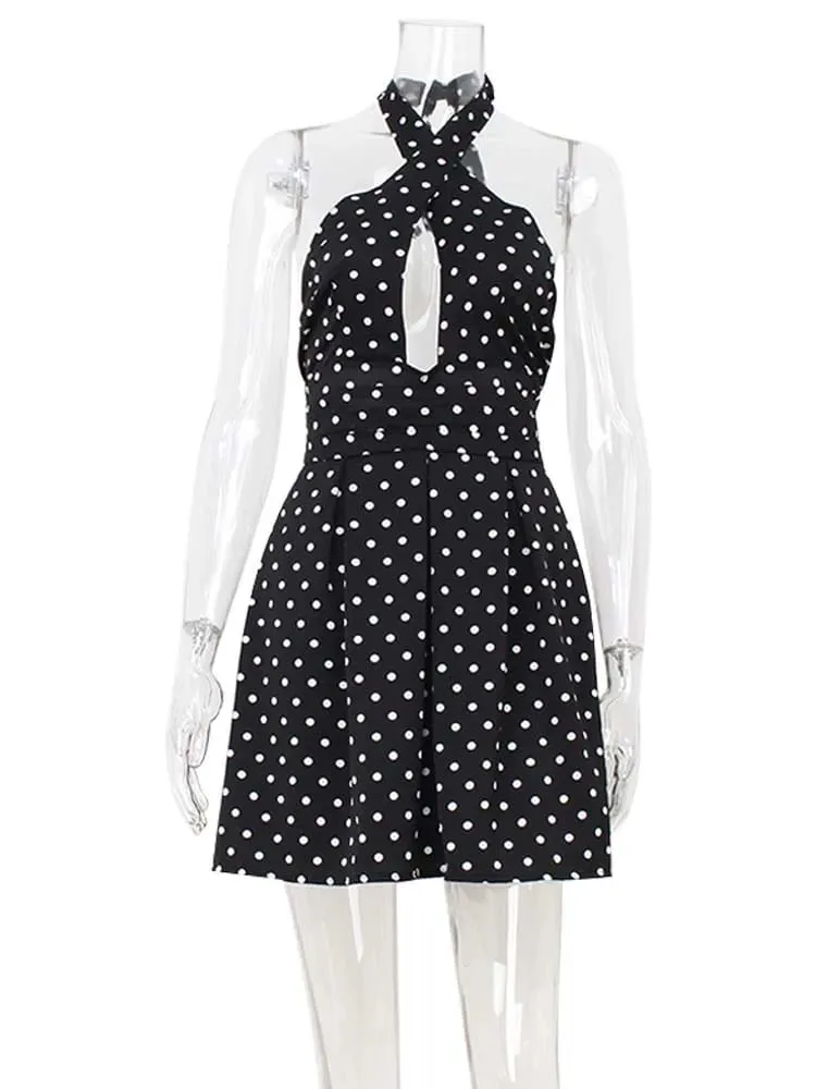 Hollow Out Backless Halter Lace-up Outfits Sheath Women Dresses A-Line Fashion Dot Prints Elegant Female Bodycon Sexy