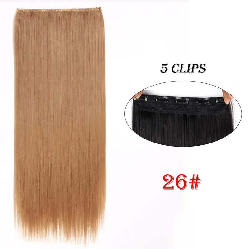 One Piece Clip In Hair Extensions 24" Straight Thick Synthetic Clip In Hairpieces Highlights Black Brown Soft For Women Daily