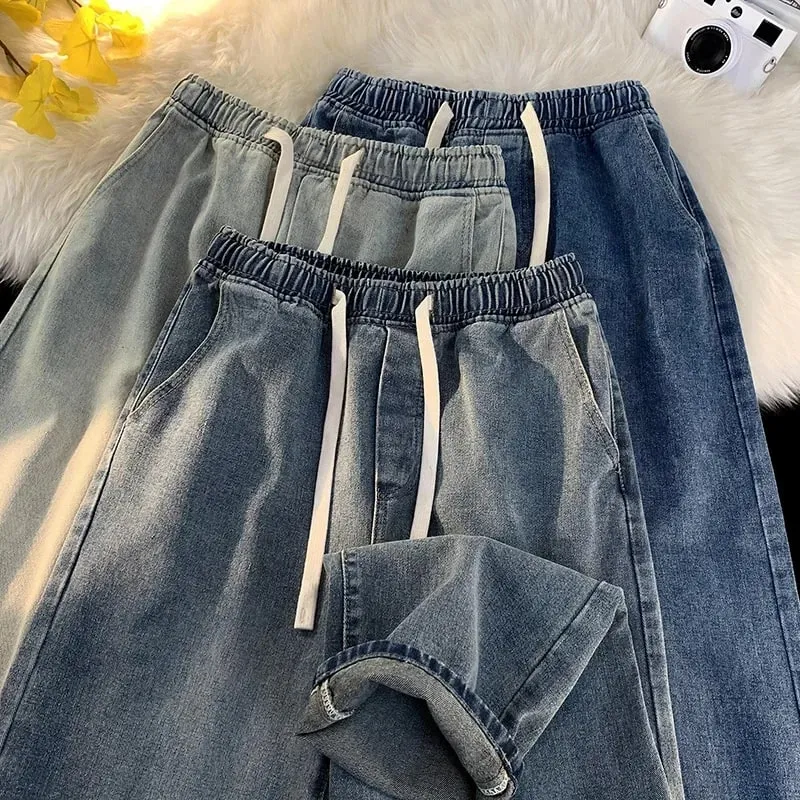 Casual Jeans Men's Baggy Straight Elastic Waist Drawstring Korea Fashion Male Vintage Denim Trousers Streetwear 3XL — image 5
