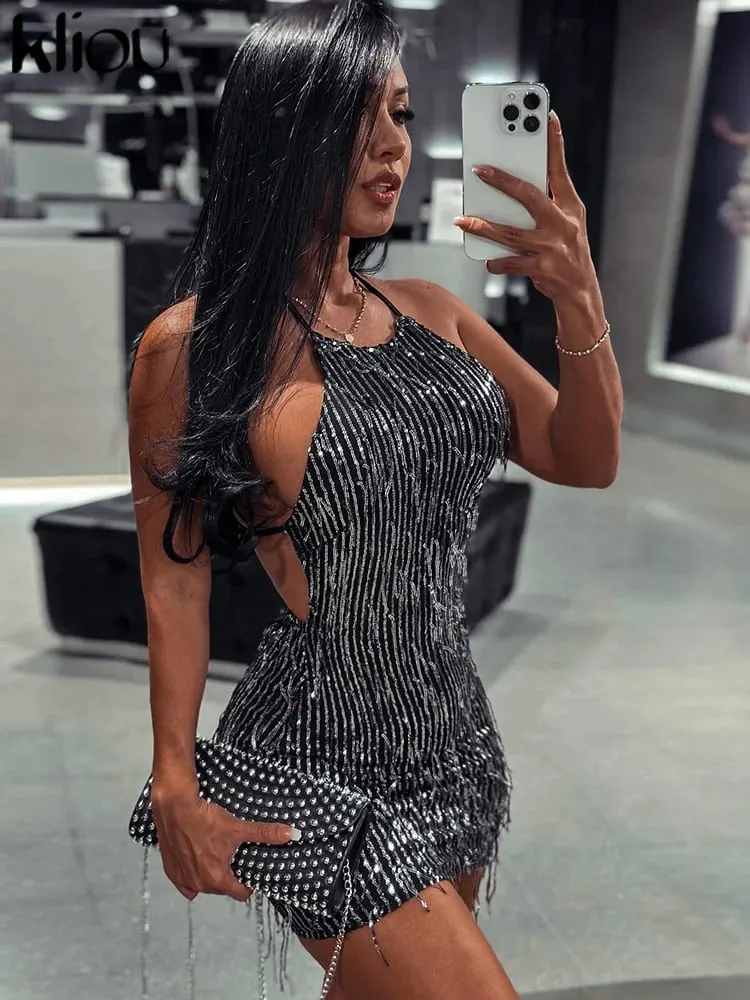 Kliou Tassel Patchwork błyszcząca Mini sukienka kobiety Halter bandaż oszałamiająca Backless bez rękawów obcisła Vestido kobieca odzież klubowa