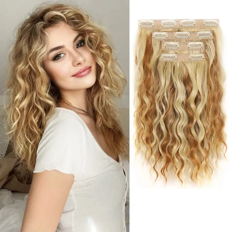 4PCS Synthetic Hair Extensions 14inch Short Curly Wavy Brown Blonde Invisible Lace Weft Natural Soft Hairpieces for Women — image 1