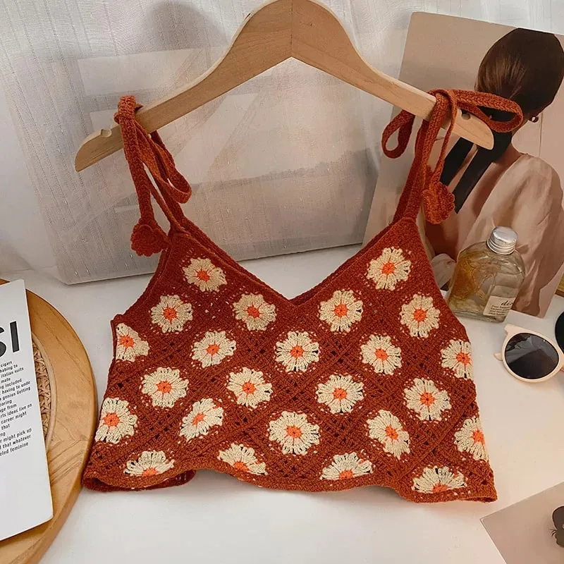 Floral Crochet Top with Tie Shoulder Strap Open-knit Cami Tank Women Teengirl Boho Crop Top Summer Vacation Bohemian Clothes — image 3