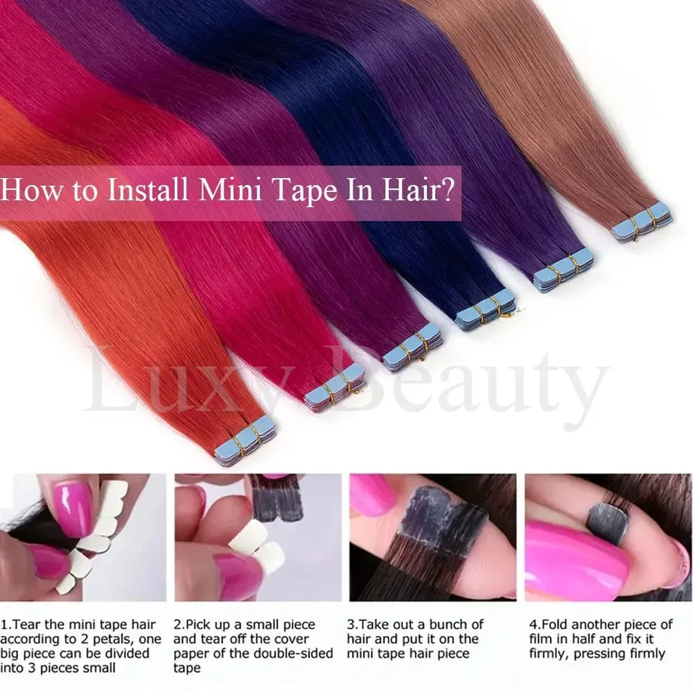 Colored Mini Tape in Hair Extensions Invisible Seamless Tape in Human Hair 10pcs/set Pink Red Green Purple Blue Mini Tape Hair — image 7
