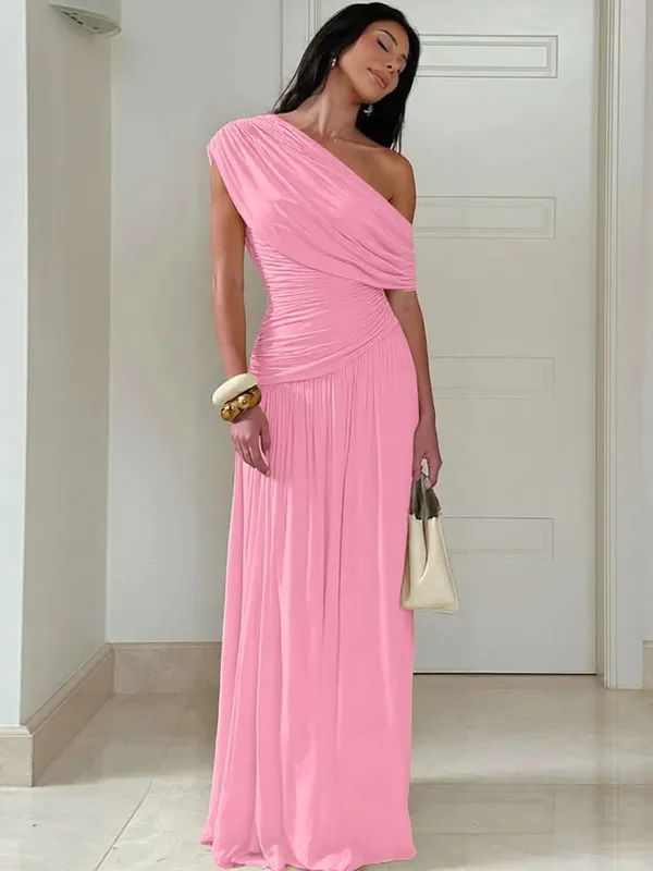 Hugcitar One Shoulder Ruched Sleeveless Solid Pleated Sexy Irregular Y2K Maxi Dress Summer Elegant Party Women Clothes Vacation — image 10