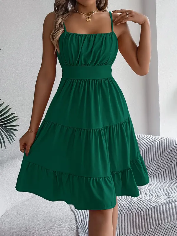 Casual Vacation Ruffled Camisole Dress Spring Summer Women's Solid Dresses for 2026 Valentine's Day Woman Clothing Pink Blue — image 15