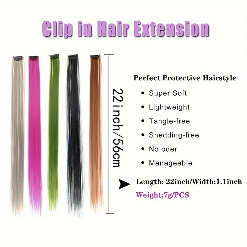 Clip in Hair Extensions 22 Inch Colored Hair Extensions Party Highlights Long Straight Synthetic Hairpieces for Women Kids Girl — image 5