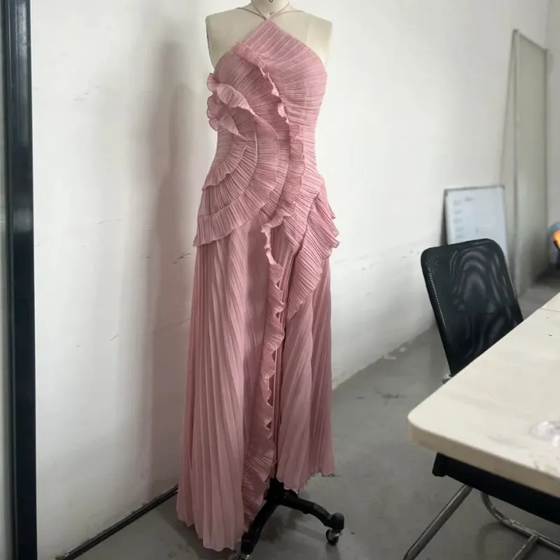 Gown Neck Strap Irregular Long Dress For Women Ruffle Sleeveless High Waist Backless Dresses 2025 New Summer Elegant Party Y2k