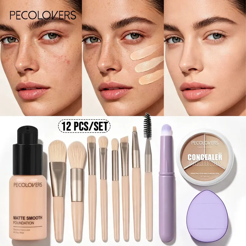 12PCS/Set Facial Makeup Set‑ Natural Matte Finish Covers Dark Circles Acne Marks Cream Texture Ideal Gift Box for Halloween