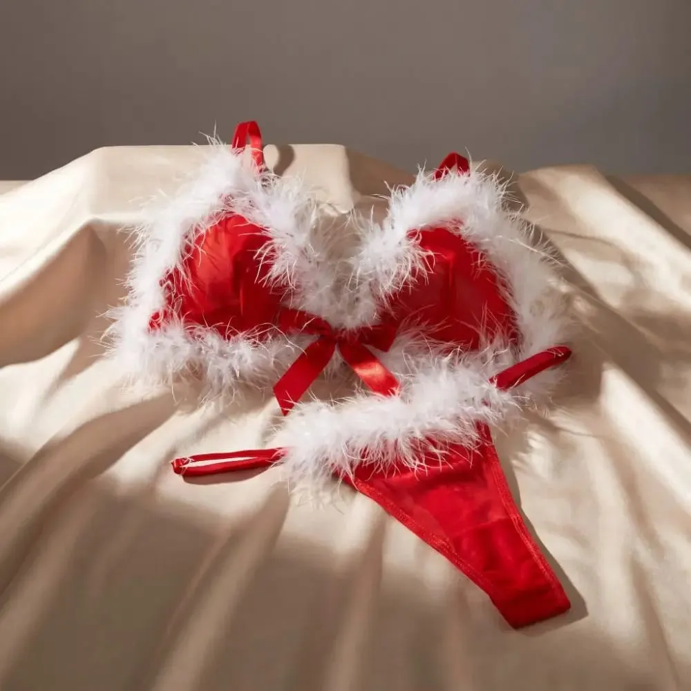 Sweet Furry Women's Underwear Mesh Transparent Wireless Lingerie Set Romantic Intimate Bow Decor Bra Panties Suit Anniversary