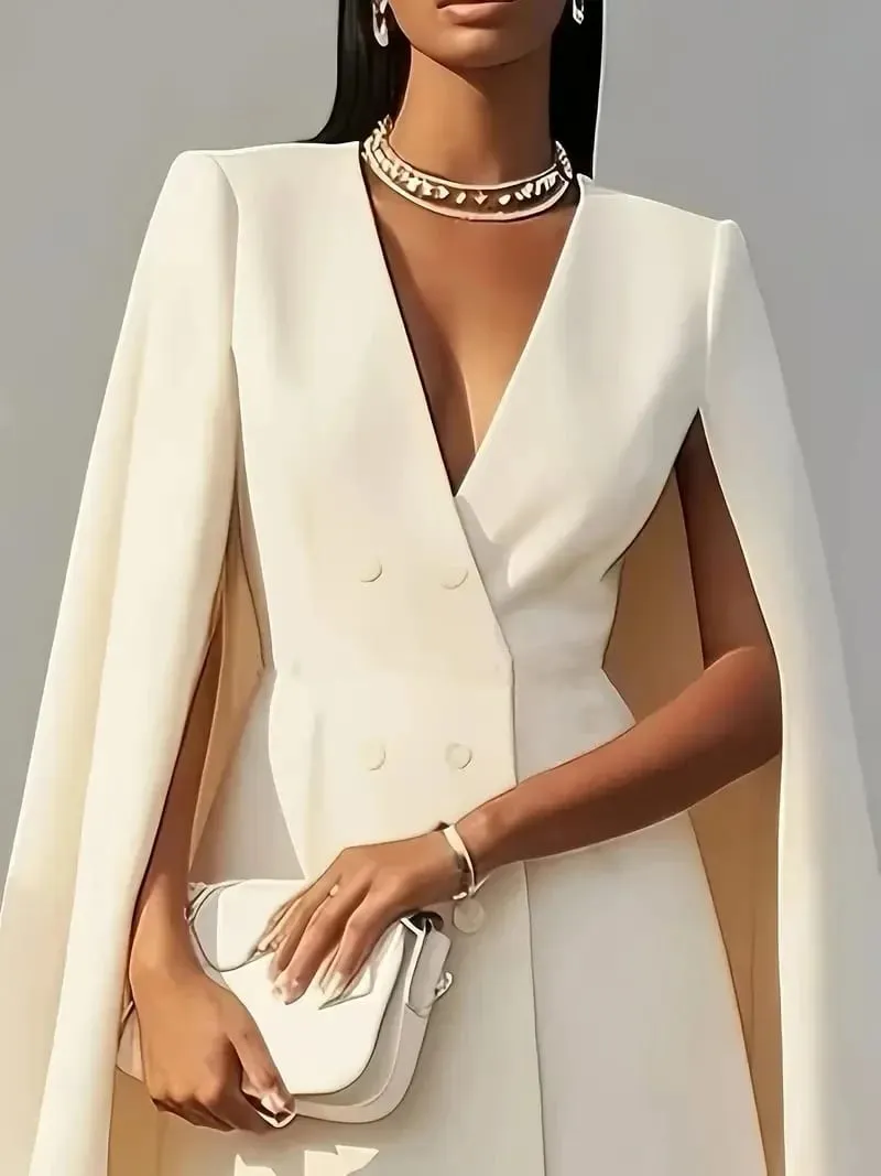 Women Fashion Commuter Solid Blazers Dress Office Double Breasted Waist Party Dress Elegant V-neck Shawl Cape Sleeve Midi Dress — image 4