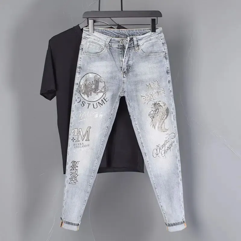 New Slim Fit Casual Jeans with Heavy Duty Ironing Drills Prints Branded Korean Style Clothes for Men Streetwear Washed Jeans — image 2