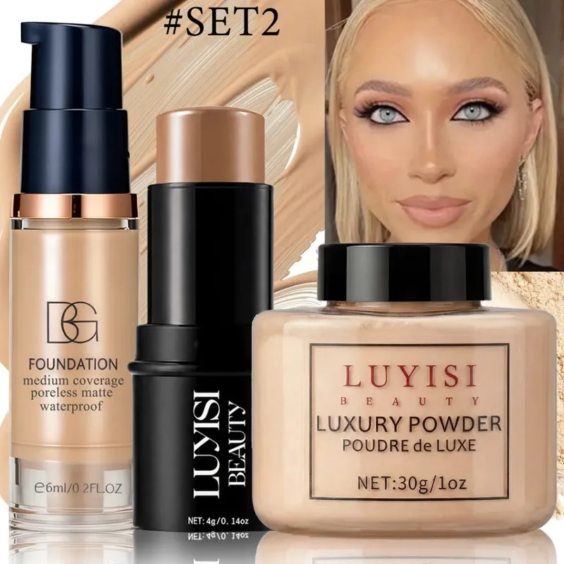 Facial Makeup Set:1PC Foundation+1PC Contouring Stick+1PC Setting Powder Full Coverage Waterproof And Sweatproof Soft Cosmetics.