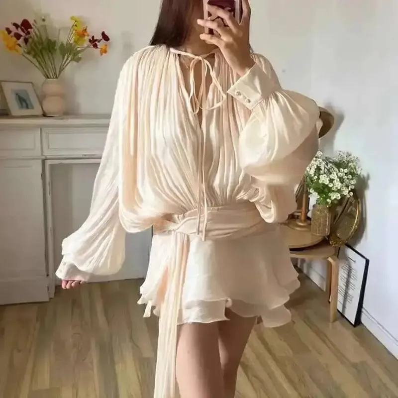 Top Beige chemisier uni Mini robes pour femmes col en V à manches longues épissé à lacets Style doux robe femme vêtements mode P7WI