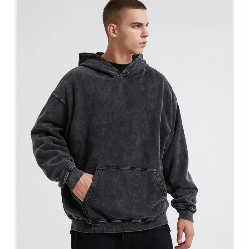 HAI Customizable Retro Washed Hoodies 100% Cotton Tops Black Acid Vintage Hooded Sweatshirts Oversize Hip Hop Male Pullover — image 8