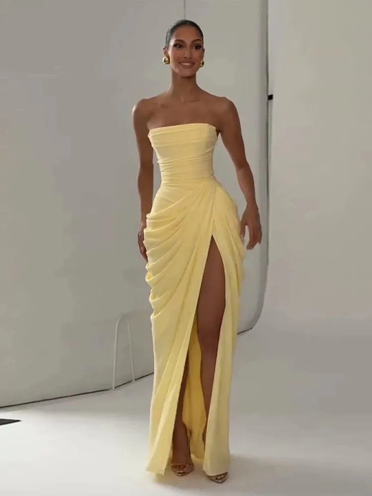Sexy sólido plissado vestido sem alças senhora chique fora do ombro sem costas cintura alta vestidos divididos feminino 2026 novo vestido de festa à noite — image 5
