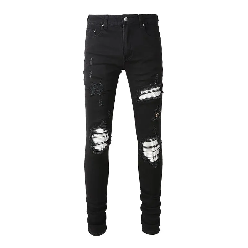 Men Cracked Silver Leather Patch Biker Jeans Streetwear Skinny Tapered Stretch Denim Pants Holes Ripped Patchwork Black Trousers — image 9