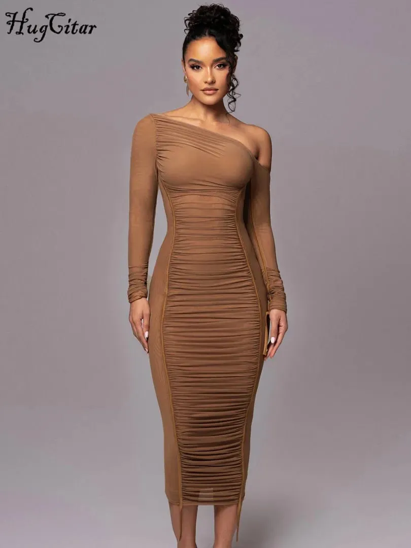 Hugcitar Mesh Solid Diagonal Collar Long Sleeve Draped Sexy See Through Bodycon Maxi Dress Summer Fashion Clothes Festival Club — image 4