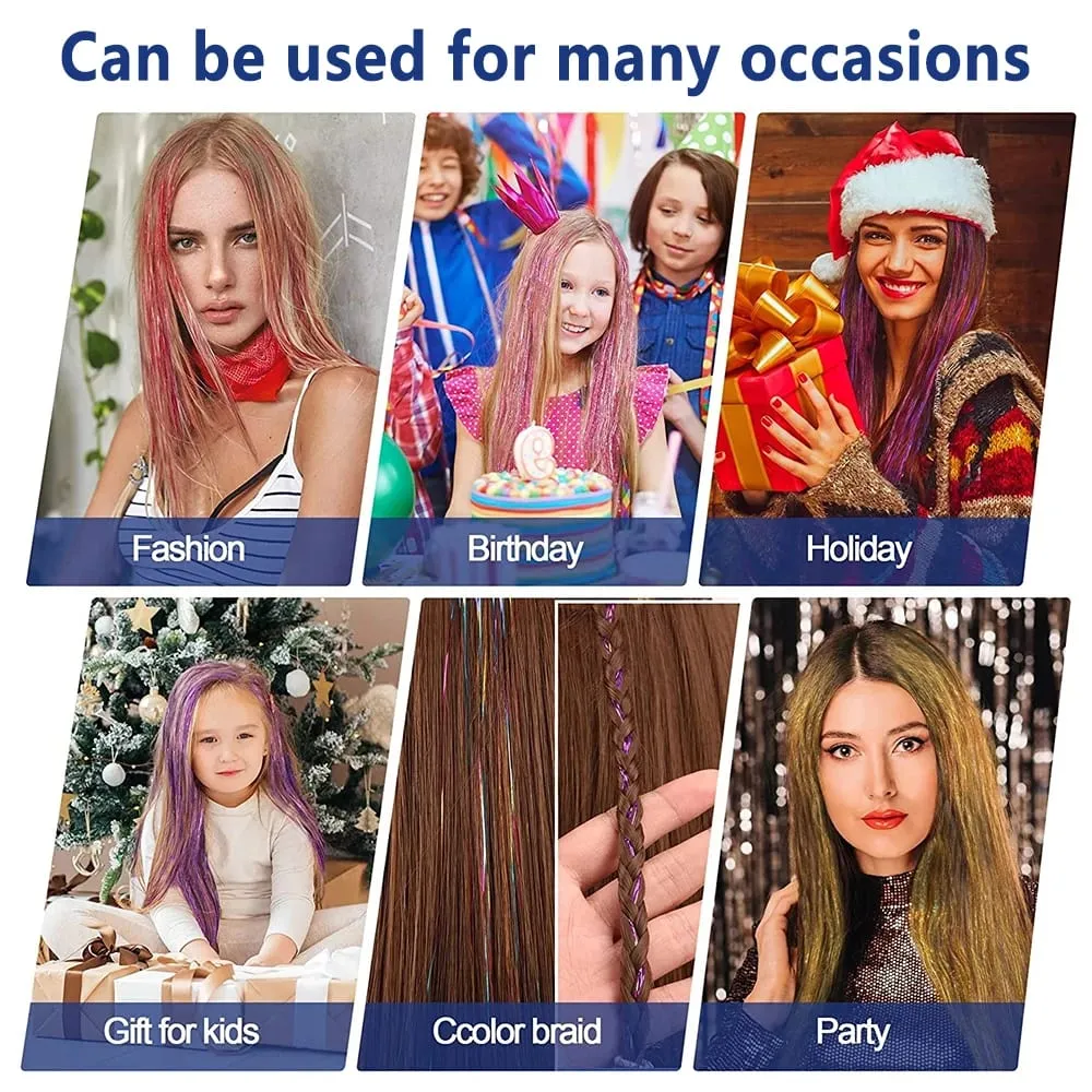 110cm Colorful Shiny Threads Glitter Hair Tinsel Kit Gold Purple Blue Silk Hair Glitter String Extensions Accessories for Women — image 5