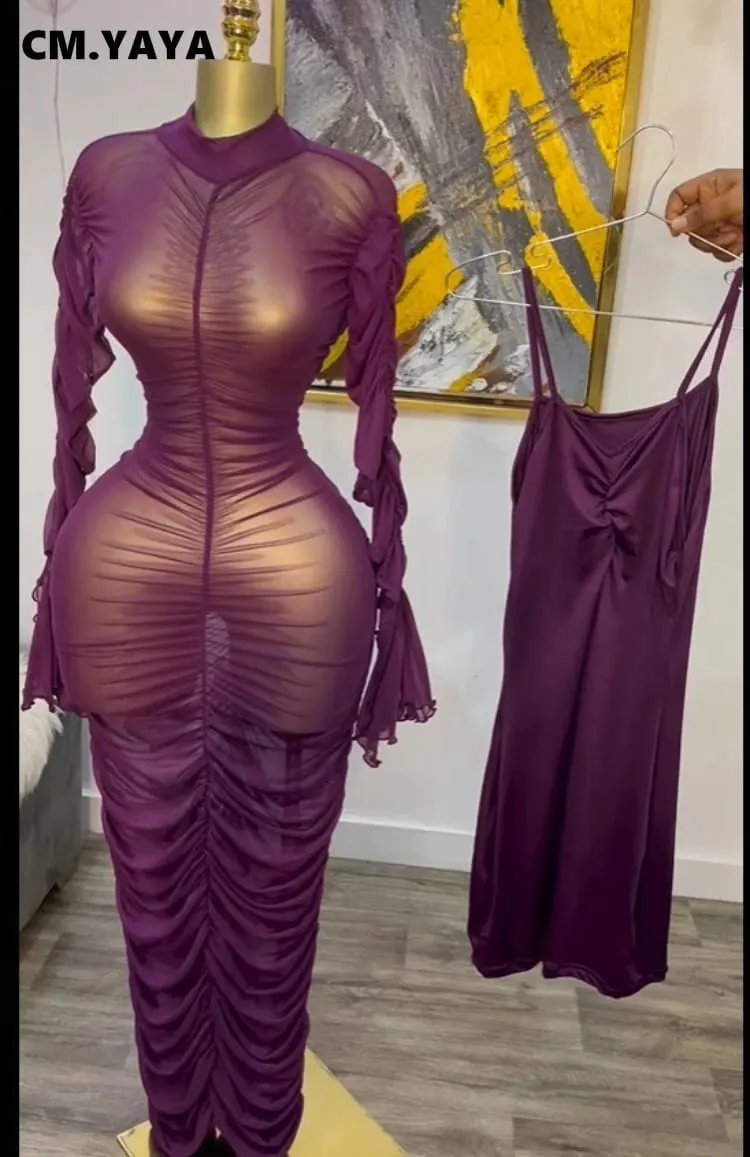 CM.YAYA Women Flare Long Sleeve Stacked Ruched Mesh See Though with Tank Dress Maxi Long Dress 2025 Birthday Sexy Party Dresses