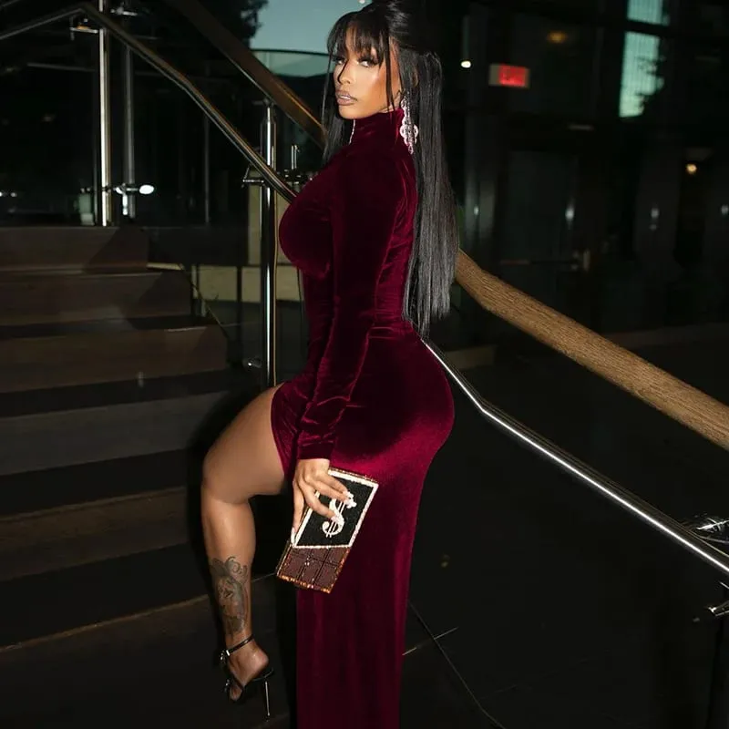 Women's Turtleneck Long Sleeve Velvet Maxi Dress Ruched High Slit Bodycon Evening Party Club Long Dress — image 6