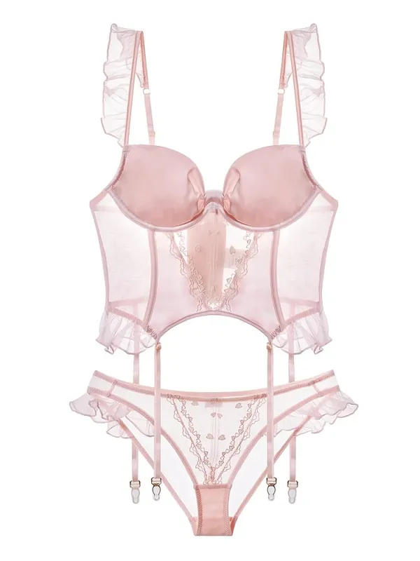 Pink With Chest Pad Fishbone Corset Lingerie Set Fixed Double Straps Midriff Women Bra with Underpants Suit