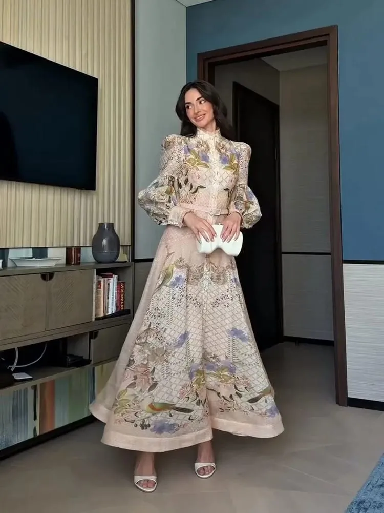 ลูกไม้พิมพ์ชุดสตรี Elegant ครึ่งคอหลวมเดี่ยวเข็มขัดหญิงกระโปรง 2026 ฤดูร้อน Lady Draped robe