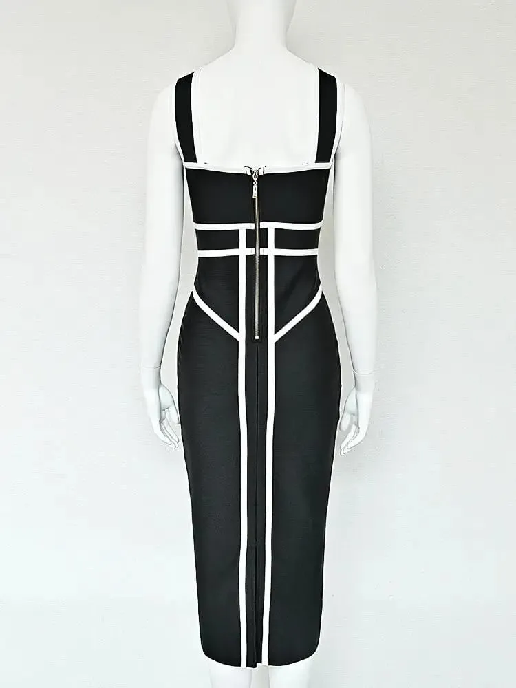 Classic White And Black Stripes Bandage Long Evening Dress Luxury Contrast Vintage Woman Bodycon Elastic Dress Slim Midi — image 6