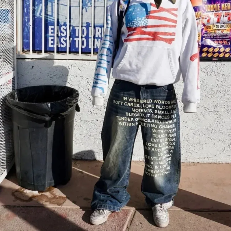 American Retro Patterned Alphabet Men Jeans Personalized Street Clothing Y2K Goth Men and Women Fashion Casual Pants