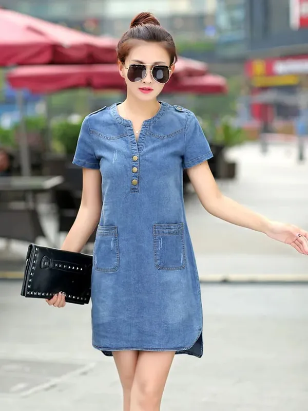 2025 New arrival summer women denim dresses short sleeves loose A word dresses v-neck solid denim dresses — image 6