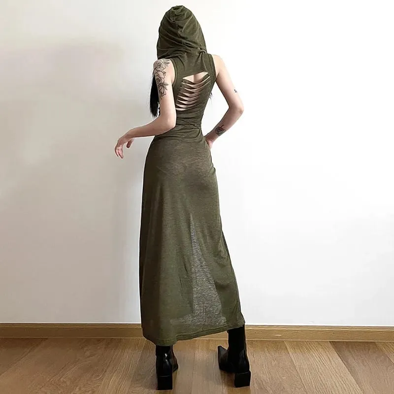 Goth Dark Cyber ​​Gothic Desert Walker Šaty s kapucí Y2k Punk Grunge Duté Midi Šaty Ženy Sexy Split Side Solid Streetwear