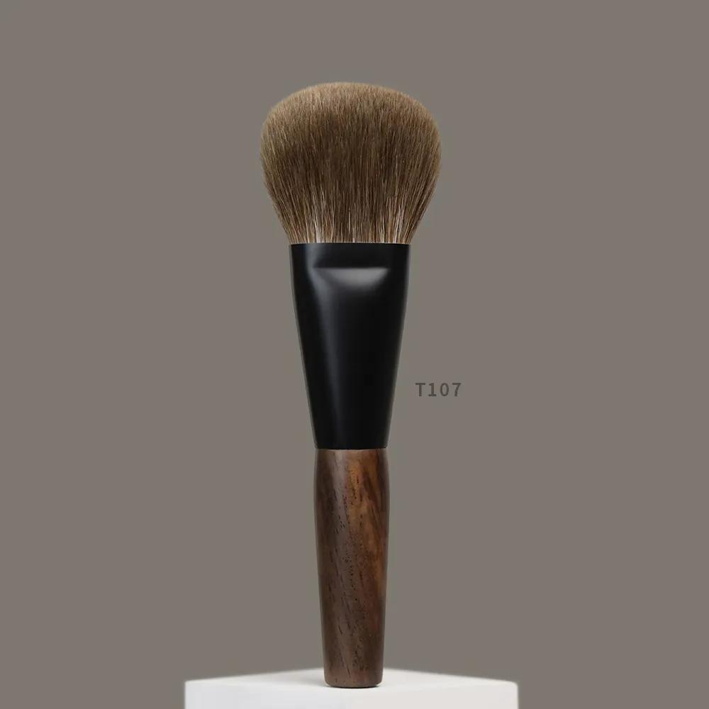 T107 Professional Handmade Makeup Brushes Natural Goat Hair Flat Round Face Powder Brush Short Ebony Wood Handle Make Up Brush