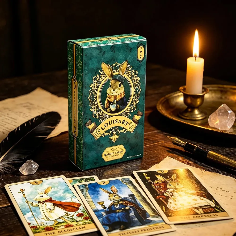 Louisart Rabbit Tarot Cards 78 Cards Vintage Green Luxury Tarot Deck Cute Anthropomorphic Rabbit Art Divination Cards Game — image 2