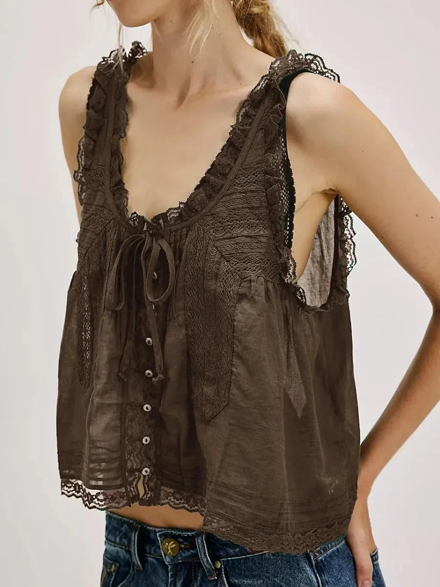 Y2K Button-up Lace Trim Patchwork Cami Tops Loose Fit Round Neck Vest Sleeveless Outwear Gilet Crop Tank Tops for Women — image 13