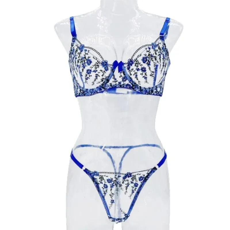 Exotic Fairy Lingerie PushUp Bra Embroidered Tulle Sheer Mesh 3Piece Transparent Intimate Wear for Women — image 1