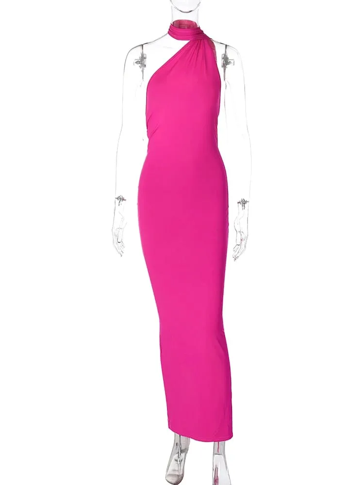 Hugcitar One Shoulder Rygløs justerbar tørklædeløkke Ruched Sexet Maxikjole 2025 Kvinder Elegant Y2K Streetwear Festival Outfit — image 7