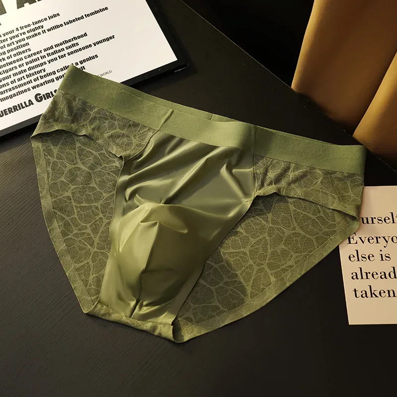 Jacquard ไม่มีรอยต่อสามเหลี่ยมชุดชั้นในผ้าไหมน้ำแข็งบางกางเกง Breathable กางเกง Quick Drying ชายเซ็กซี่ U Bulge POUCH Underpants