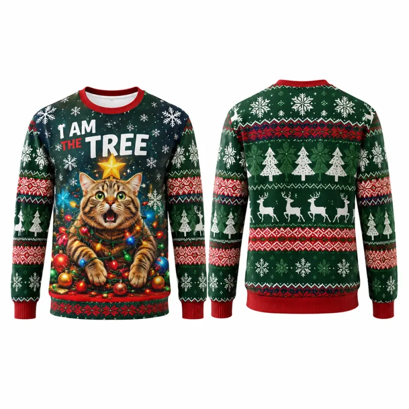 I Am The Tree Cat Julesweatshirt 3D-grafik Rundhals Langærmet Mænd Kvinder Funny Ugly Xmas Holiday Party Autumn Pullover — image 3