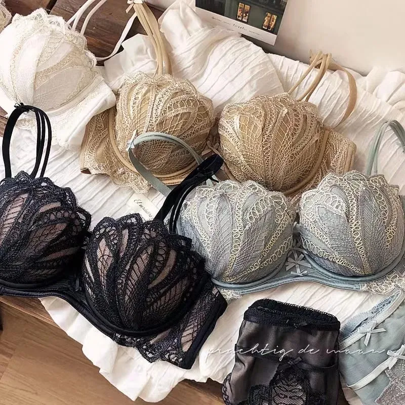 Sexy Embroidery Lace Shell Half Cup Small Breasts Push Up Bra Set Thicken Adjustable Pad Brassiere Panties Girls Underwear — image 1
