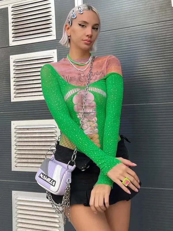 See Through Sparkly Mesh Bodysuit Women Long Sleeve Rhinestone Body Tops Hot Drill Female Party Nightclub Sexy Lingerie — image 11