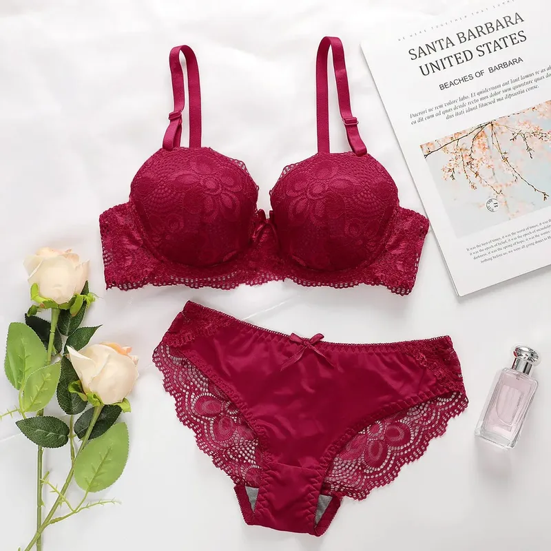 Women's Sexy Underwear Embroidered Flowers with Steel Hoops Gather Push Up 2-piece Comfortable Underwear Set A2123