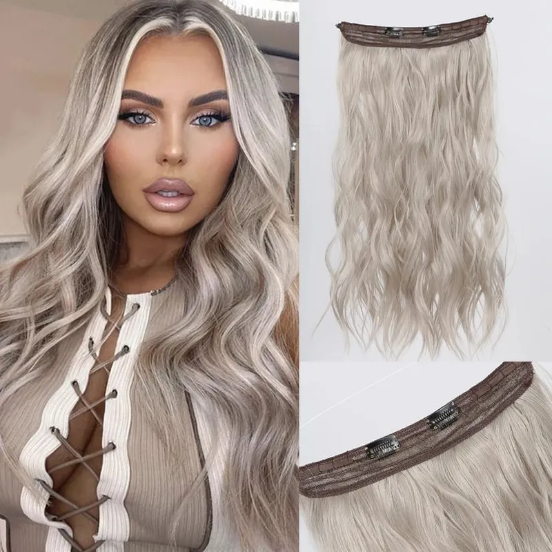 Invisible Wire Hair Extensions with Transparent Adjustable Size 2 Clips Long Wavy One Piece Hairpiece Golden Brown for Women