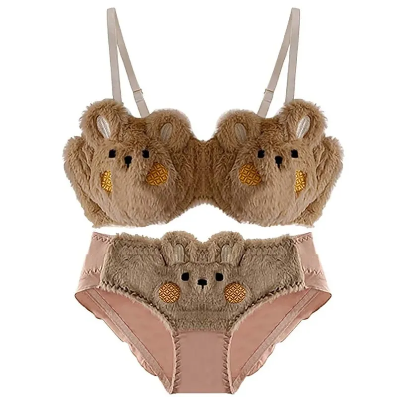 New Design Gathered Padded Bra and Panty Set Warm Polyester Lingerie Underwear Brief Adorable Cotton Fuzzy Lingerie — image 7