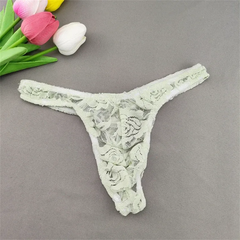 Lace Floral Sexy Men's Underwear Solid Hollow Perspective Thong Comfort Bugle Enhance Sissy G-String Gay Low Rise T-back Panties — image 15