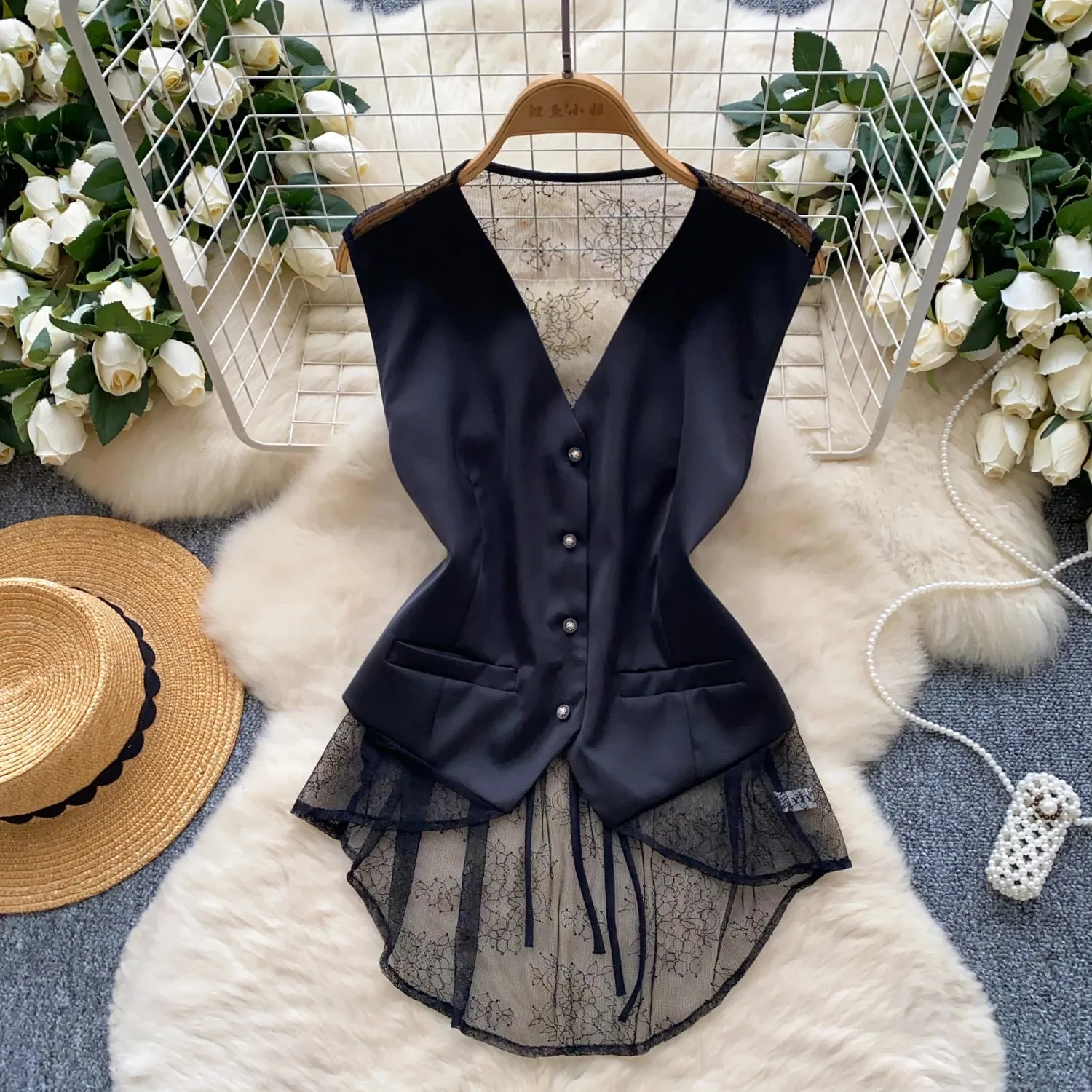 Backless Sexy Tank Vest Sleeveless Single Breasted V Neck Spliced Lace Skinny Sheer Irregular Summer Women Design Tops — image 7