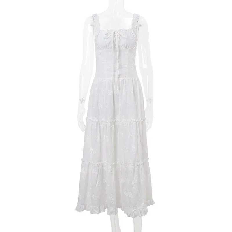 Y2K Simple Elegant Square-neck White Maxi Dress Summer Slim Lace Up Sleeveless Dreses French Party Beachwear Casual Vestidos — image 6
