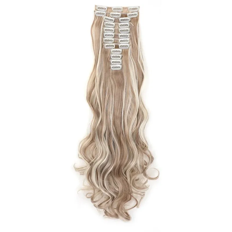 12pcs Highlight Balayage Dark Brown Hairpieces Clip in Hair Extensions 24inch Light Brown&Honey Blonde Synthetic Wavy Hair — image 18