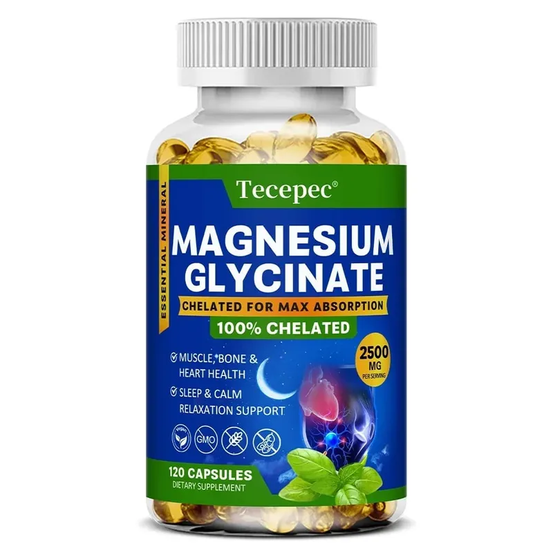 Magnesiumglycinatkapslar 2500mg - Kosttillskott för muskelnervben och hjärtstöd - Glutenfri icke-GMO